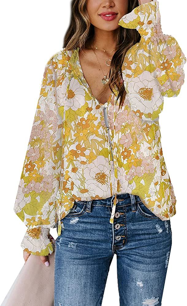 Biucly Women's Casual Boho Floral Print V Neck Long Sleeve Stylish Drawstring Tops Loose Blouses ... | Amazon (US)