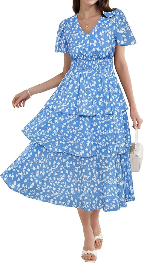 GRACE KARIN Women's 2025 Floral Summer Long Midi Dress V Neck Short Sleeve Ruffle Tiered Layered ... | Amazon (US)