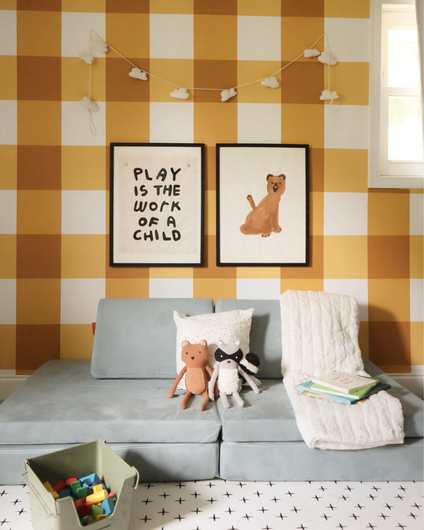 Took my love of gingham to new heights and painted a gingham wall in our playroom! Cruz told me he loves his new “square wall.” 🟫
I may need a break from painters tape after this project, but I’m so happy with how it turned out. 💛🧸☀️☁️ #arguetaabode

#LTKKids #LTKHome #LTKFamily