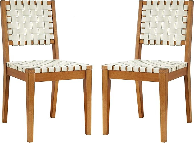 Amazon Brand – Rivet Faux Leather Woven Dining Chair with Wood Frame, Set of 2, 18"W, Light Bei... | Amazon (US)