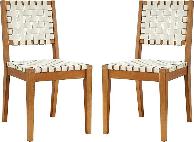 Amazon Brand – Rivet Faux Leather Woven Dining Chair with Wood Frame, Set of 2, 18"W, Light Bei... | Amazon (US)