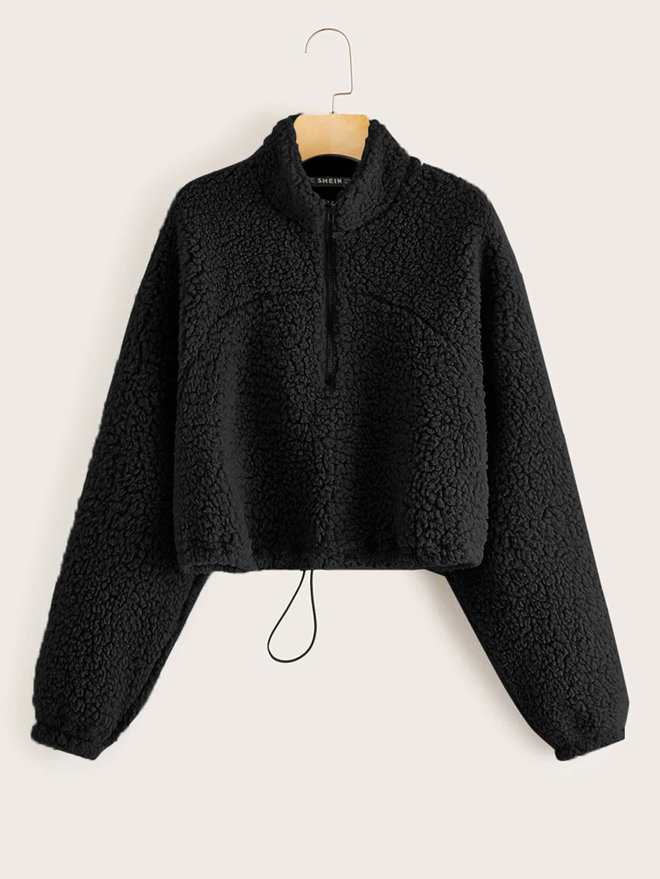 SHEIN Zip Half Placket Drawstring Hem Teddy Pullover | SHEIN