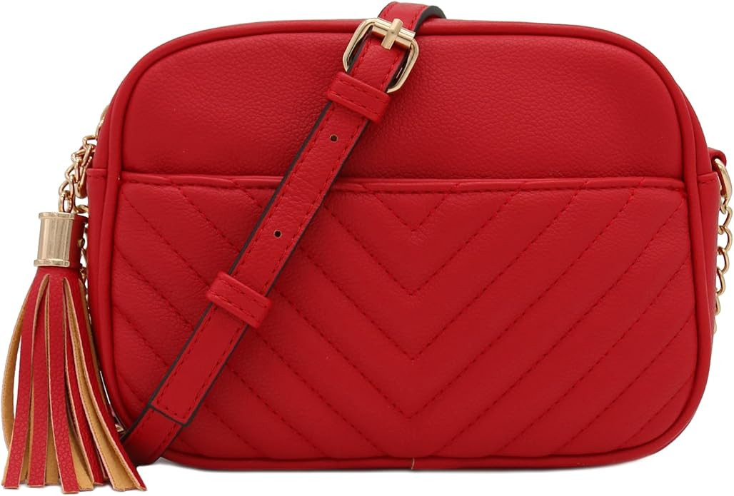 FashionPuzzle Chevron Quilted Crossbody Camera Bag with Chain Strap and Tassel | Amazon (US)