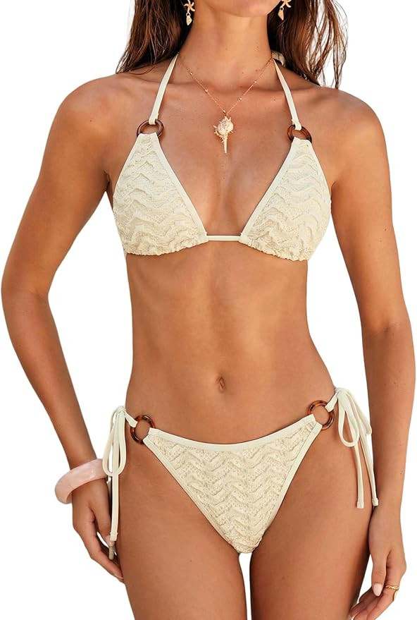 ZAFUL Triangle Bikini Sets for Women Sexy Tie Side Halter String O Ring Textured Two Piece Swimwe... | Amazon (US)