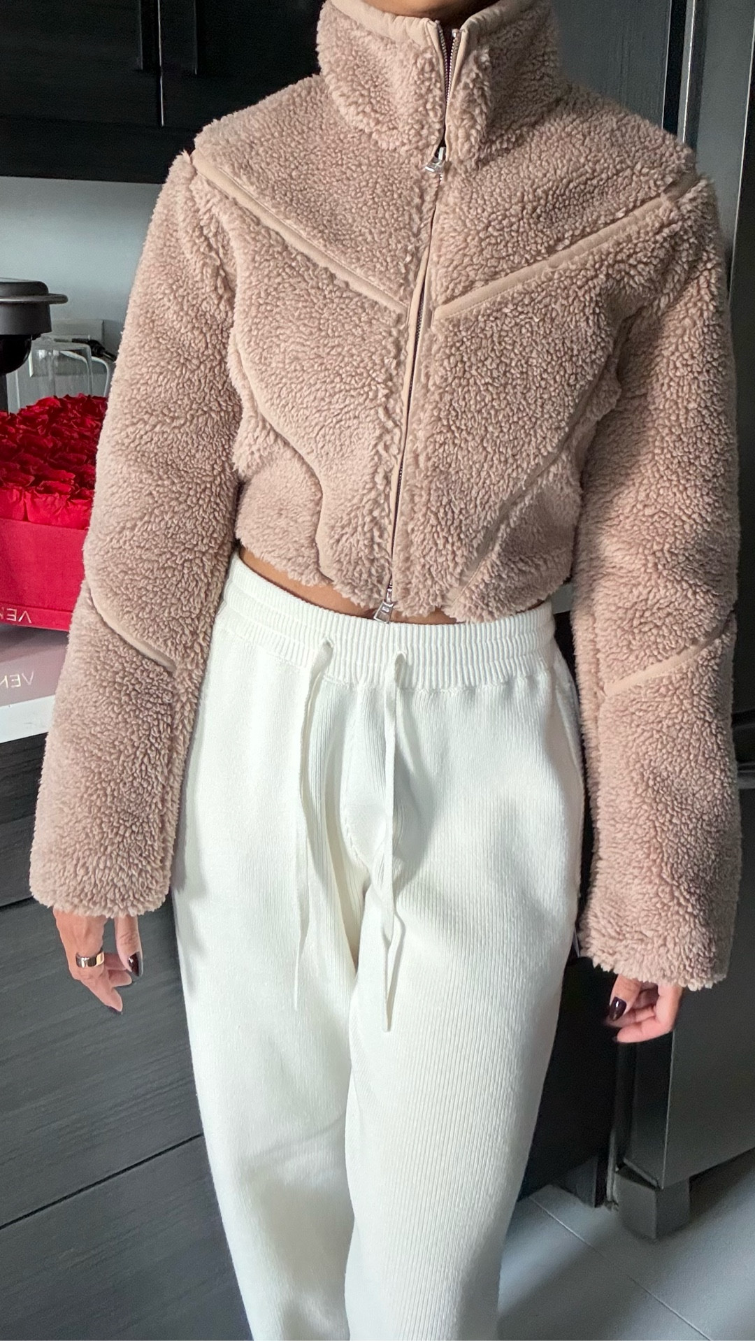 sherpa cropped slope side jacket, chai latte, alo yoga, pilates, athleisure, scholar straight leg sweatpant, ivory.  🧸 

#LTKPetite #LTKHoliday #LTKActive