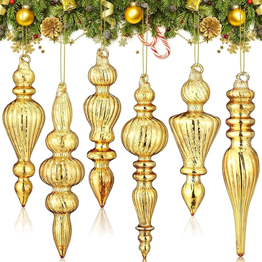 Soaoo 6 Pcs Mercury Glass Finial Christmas Ornaments 6.3 inch Hanging Christmas Finials Glass Orn... | Amazon (US)