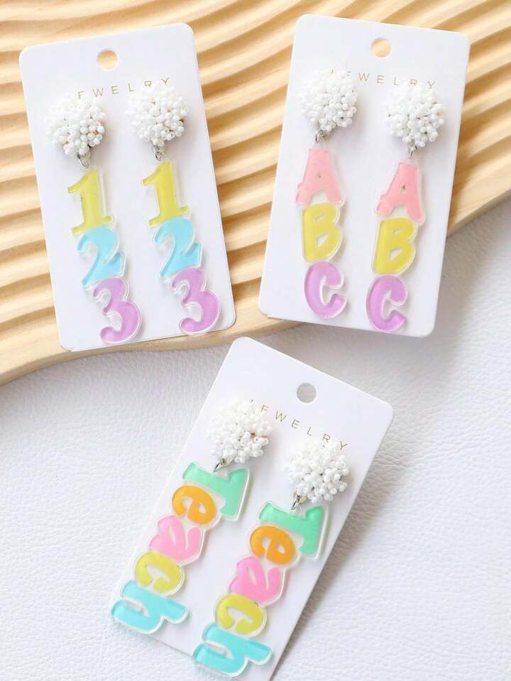 1pair Back To School Rice Beads Pendant Earrings 123 Abc Teach With Colorful Candy Alphabet Acryl... | SHEIN