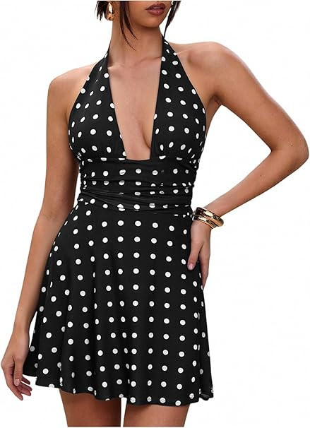 Milumia Women's Polka Dots Ruched Backless Halter Mini Dress Sexy Deep V Neck A Line Short Dresse... | Amazon (US)