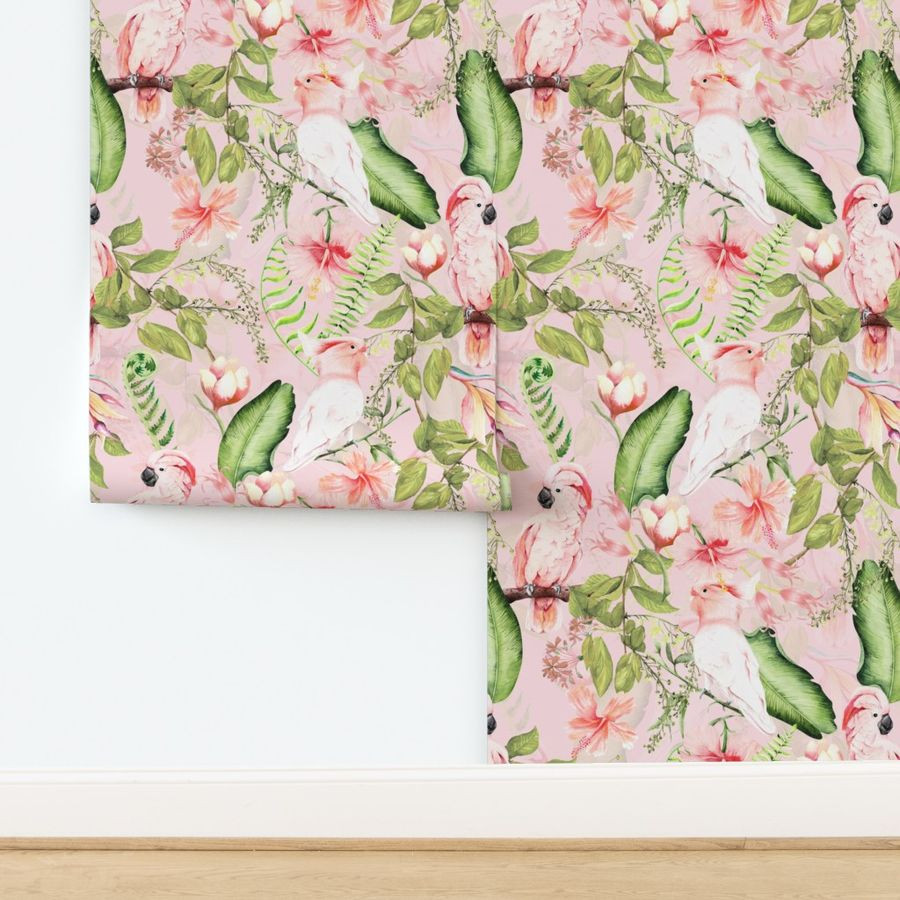 Nostalgic Pink Cockatoo Tropical Exotic Flower Jungle double layer pink Wallpaper byutart | Spoonflower
