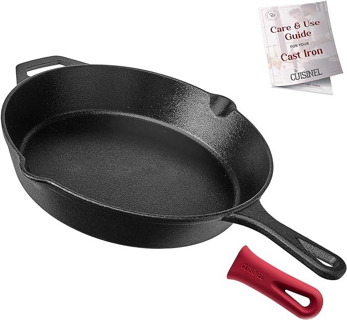 Cuisinel Cast Iron Skillet - 12"-Inch Frying Pan with Assist Handle + Red Silicone Grip Cover - P... | Amazon (US)