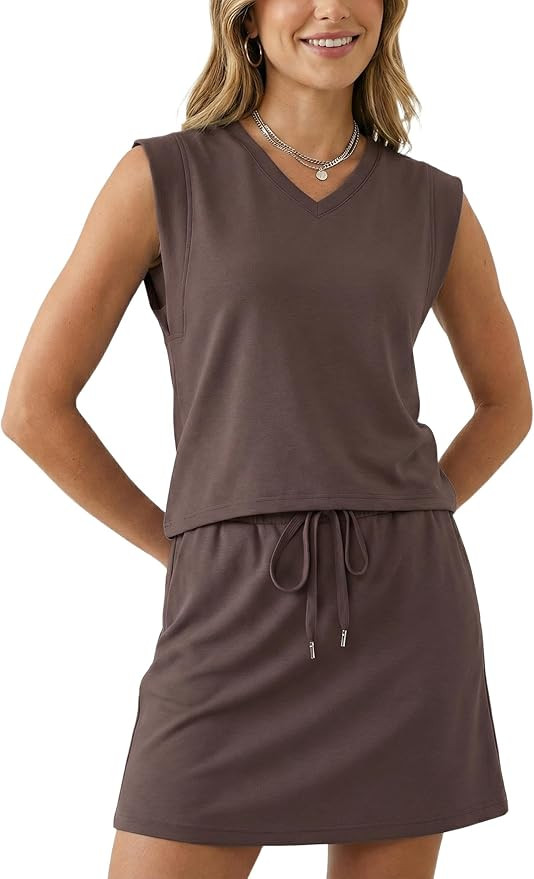 GRECERELLE 2026 Women Summer Casual 2 Piece Outfits Skort Sets Sleeveless V-Neck Top & Tennis Ski... | Amazon (US)