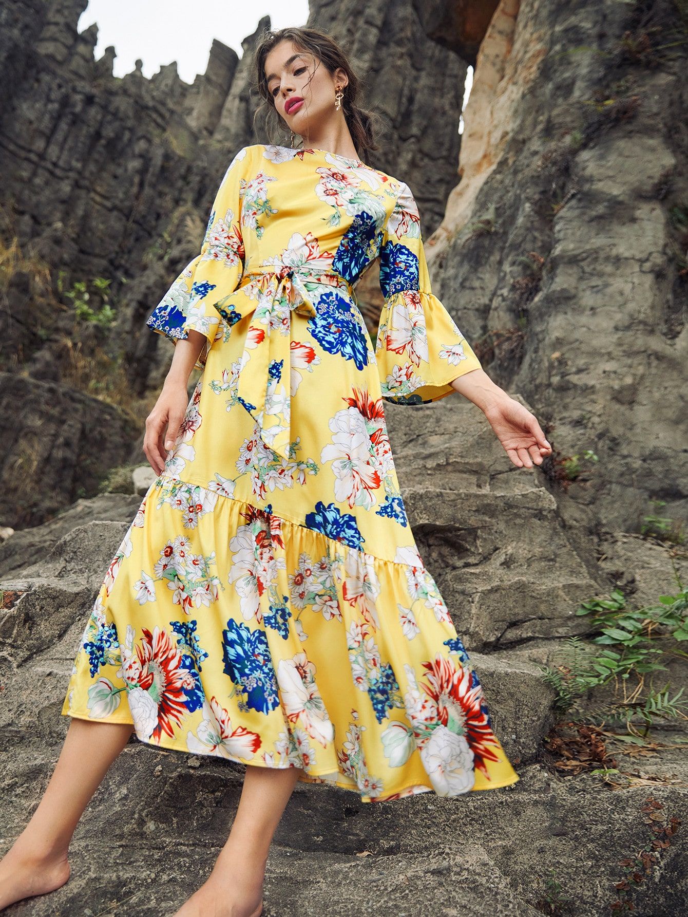 SHEIN X Dr.kholoud Bell Sleeve Ruffle Hem Floral Print Belted Dress | SHEIN