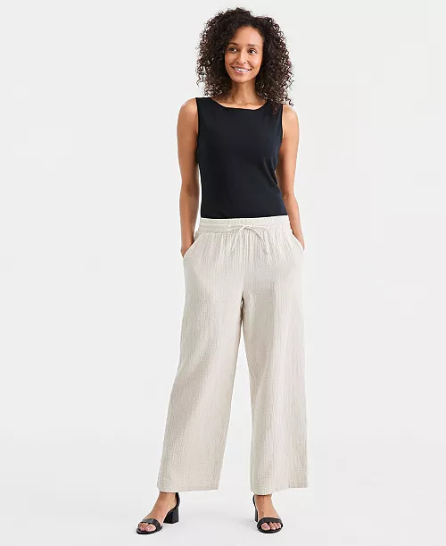 Women's Cotton Gauze Straight-Leg Pull-On Pants | Macy's