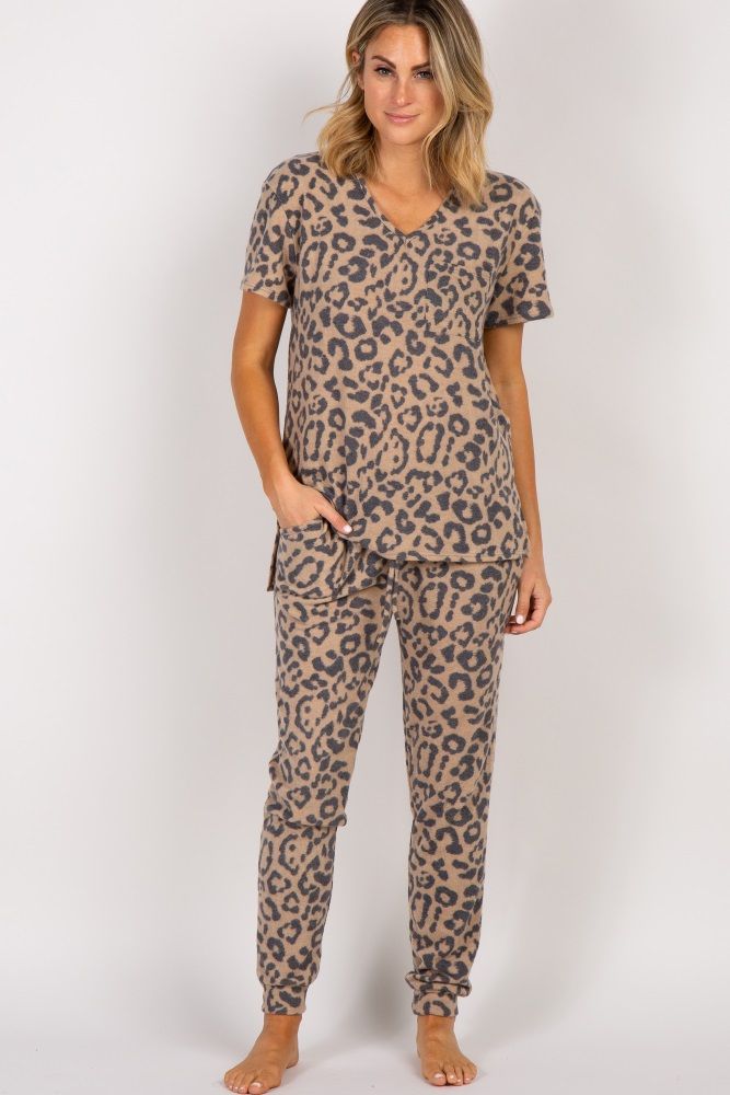 Camel Leopard Print Pocket Front Pajama Set | PinkBlush Maternity