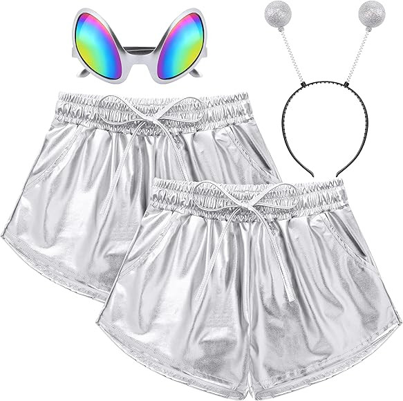 SOMSOC 2 Pack Halloween Women's Metallic Drawstring Shorts Hot Shiny Sparkly Rave Yoga Pants with... | Amazon (US)