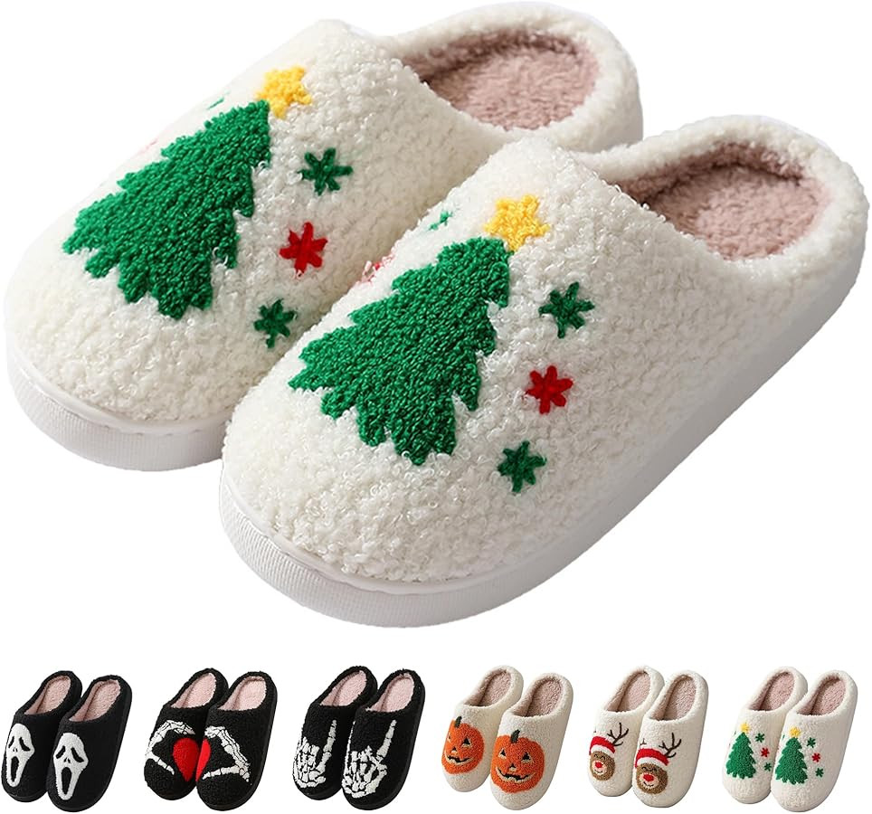 Halloween Slippers for Women Men, Soft Plush Fuzzy Winter holiday slippers, Retro Cozy House Slip... | Amazon (US)