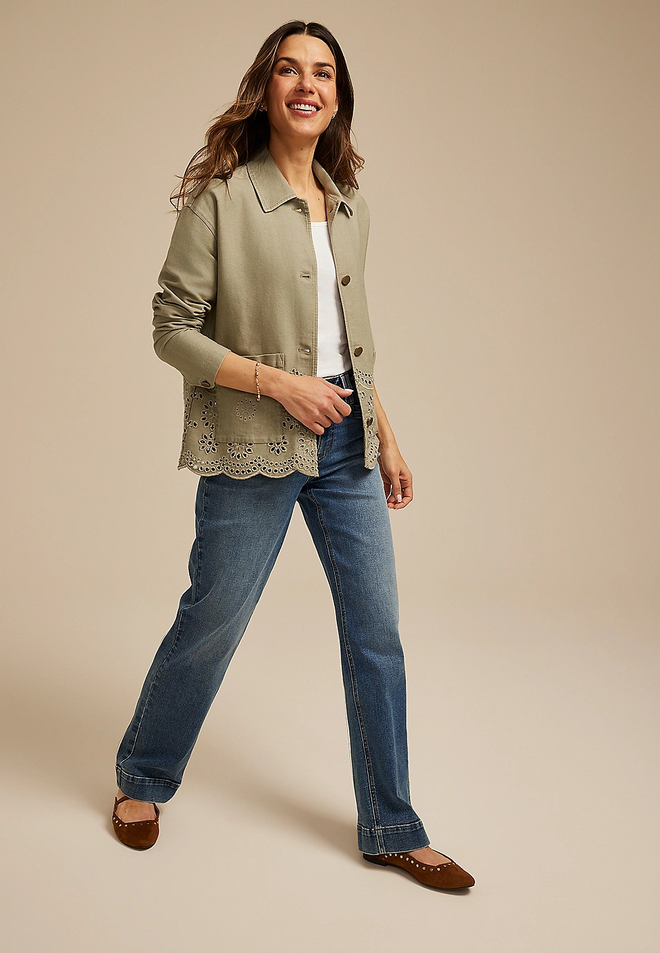 Eyelet Scallop Hem Twill Jacket | Maurices