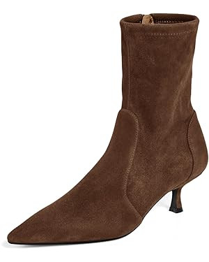 Coutgo Womens Low Kitten Heel Ankle Boots Pointed Toe Booties Side Zipper Fall Shoes | Amazon (US)