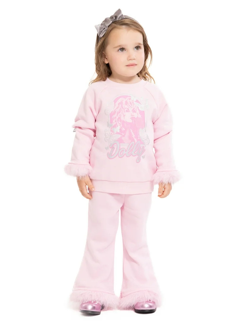 Dolly Parton Baby and Toddler Girls Faux Fur Trim Graphic Sweatshirt and Flare Pants Set, 2-Piece... | Walmart (US)
