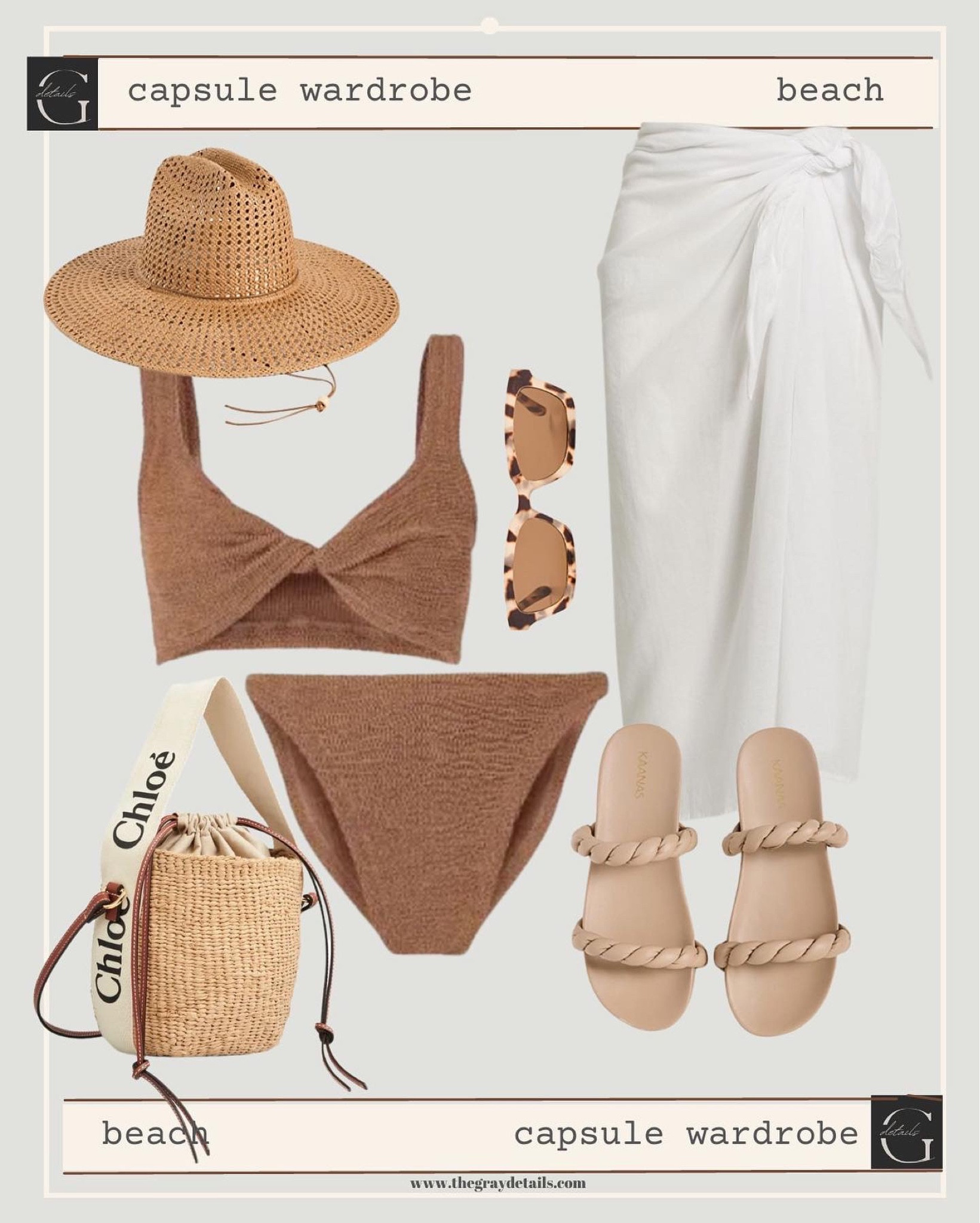 Beach vacation outfit 

Sarong
Swimsuit
Sandals
Beach bag
Beach hat 

#LTKswim #LTKstyletip #LTKtravel
