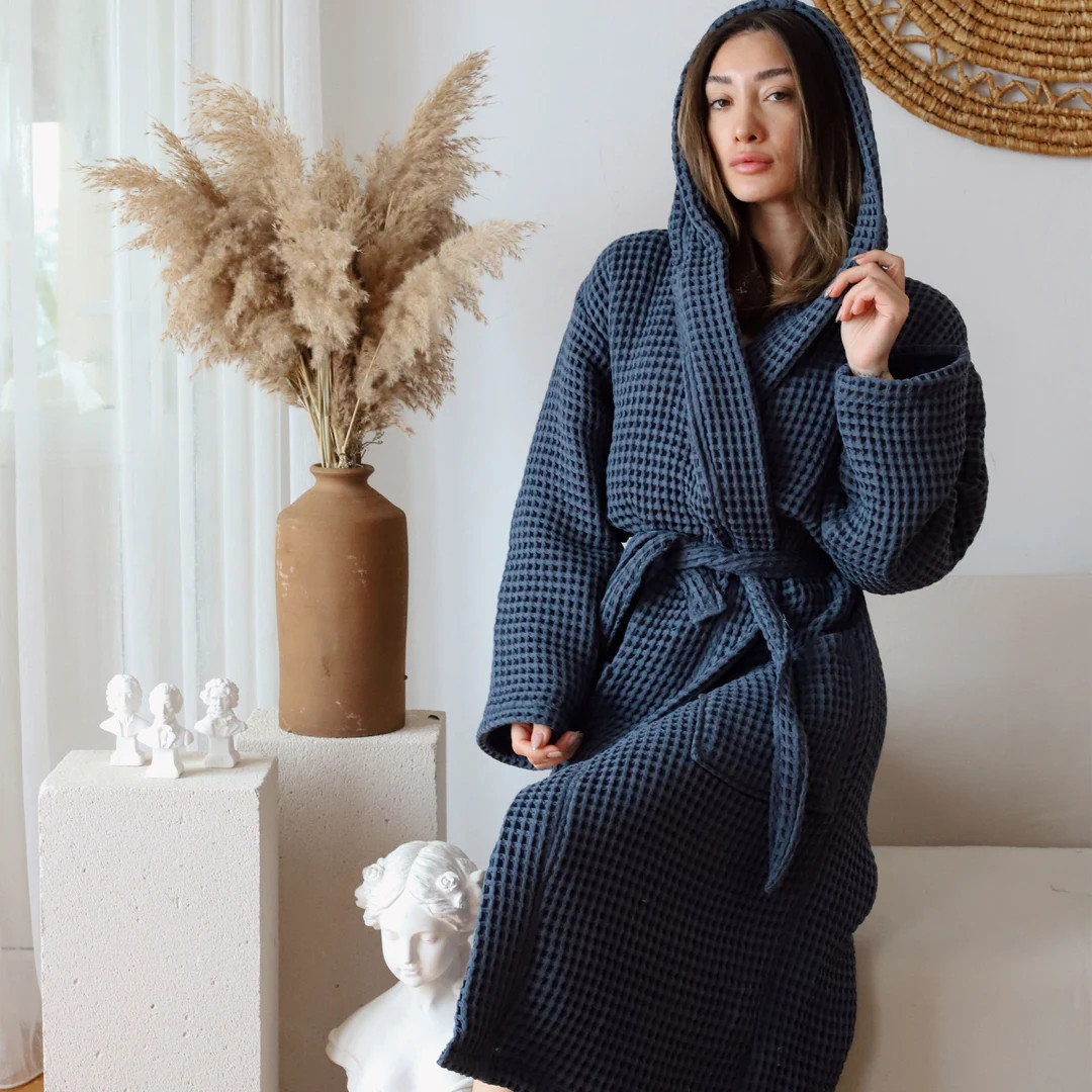 Elegant Cotton Waffle Robe, Thick Hooded Bath Wear, Natural Kimono Dressing Gown, Luxury Unisex H... | Etsy (US)