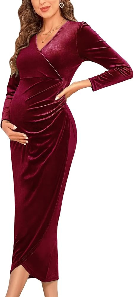 Velvet Maternity Cocktail Dress Long Sleeves Fall Winter Baby Shower Wedding Guest Holiday Pregna... | Amazon (US)