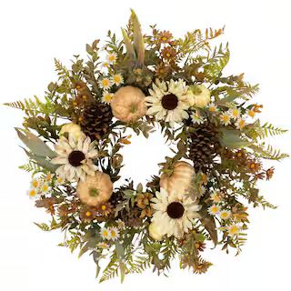 28 in. Unlit Sunflowers and Pumpkins Artificial Fall Harvest Wreath | The Home Depot