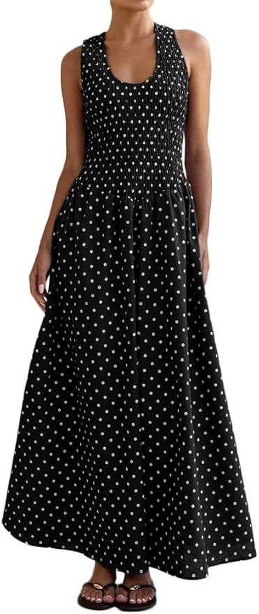 Womens Boho Maxi Sun Dresses Summer Smocked Beach Vacation Sundress Casual Swing A Line Long Flow... | Amazon (US)