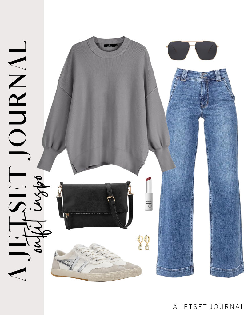 This Gladdon crossbody bag and SOJOS sunglasses complement the gray batwing sweater and high-waisted jeans. For footwear, style with these Gola fashion sneakers. I also recommend e.l.f.’s Glow Reviver Slipstick. It's worth trying out! 

 #LTKSeasonal #LTKSaleAlert #LTKTravel