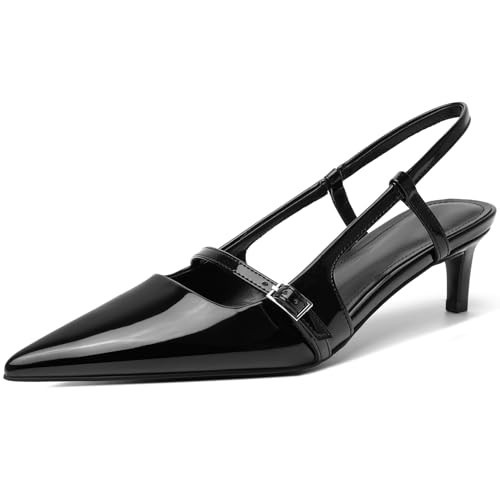 zhsrin Slingback Kitten Heels for Women with Pointed Toe Arch Buckle Strap Black | Amazon (US)