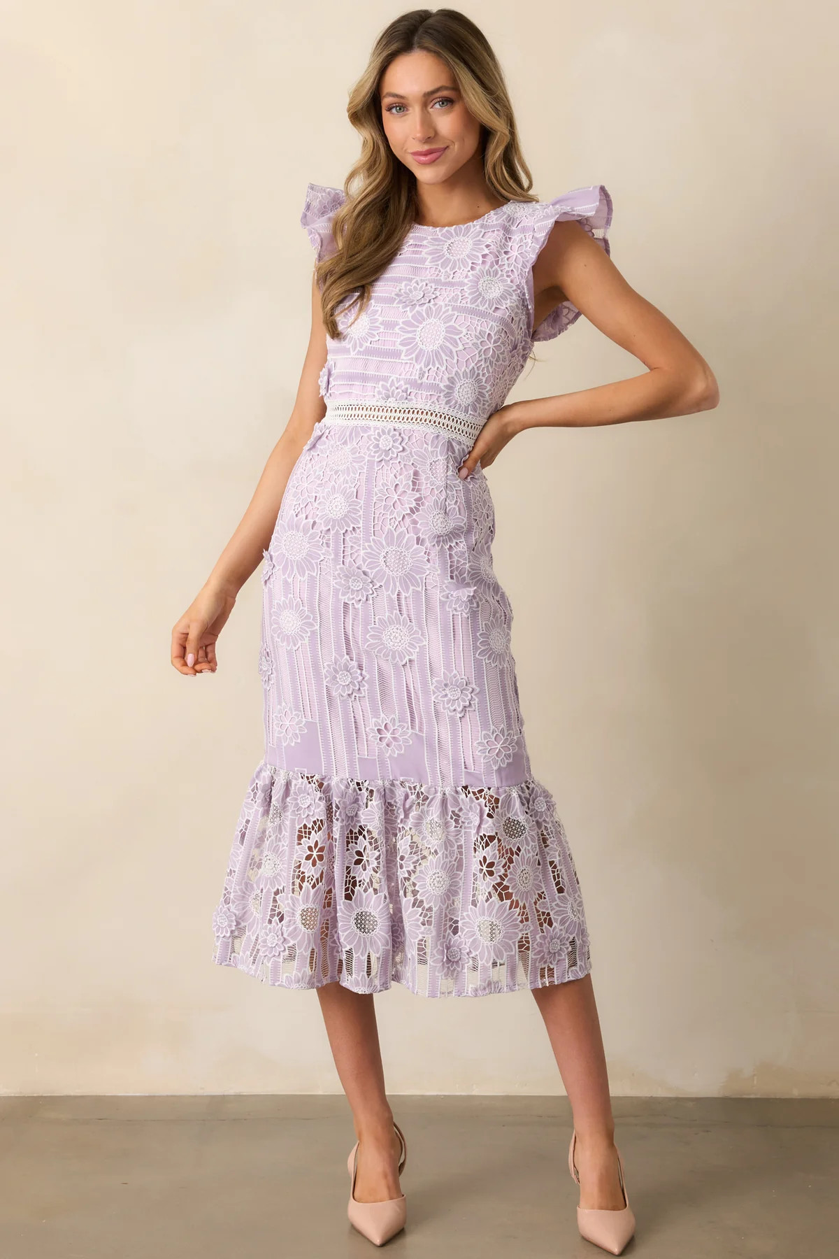 Dance The Night Away Lavender Floral Embroidered Midi Dress | Red Dress