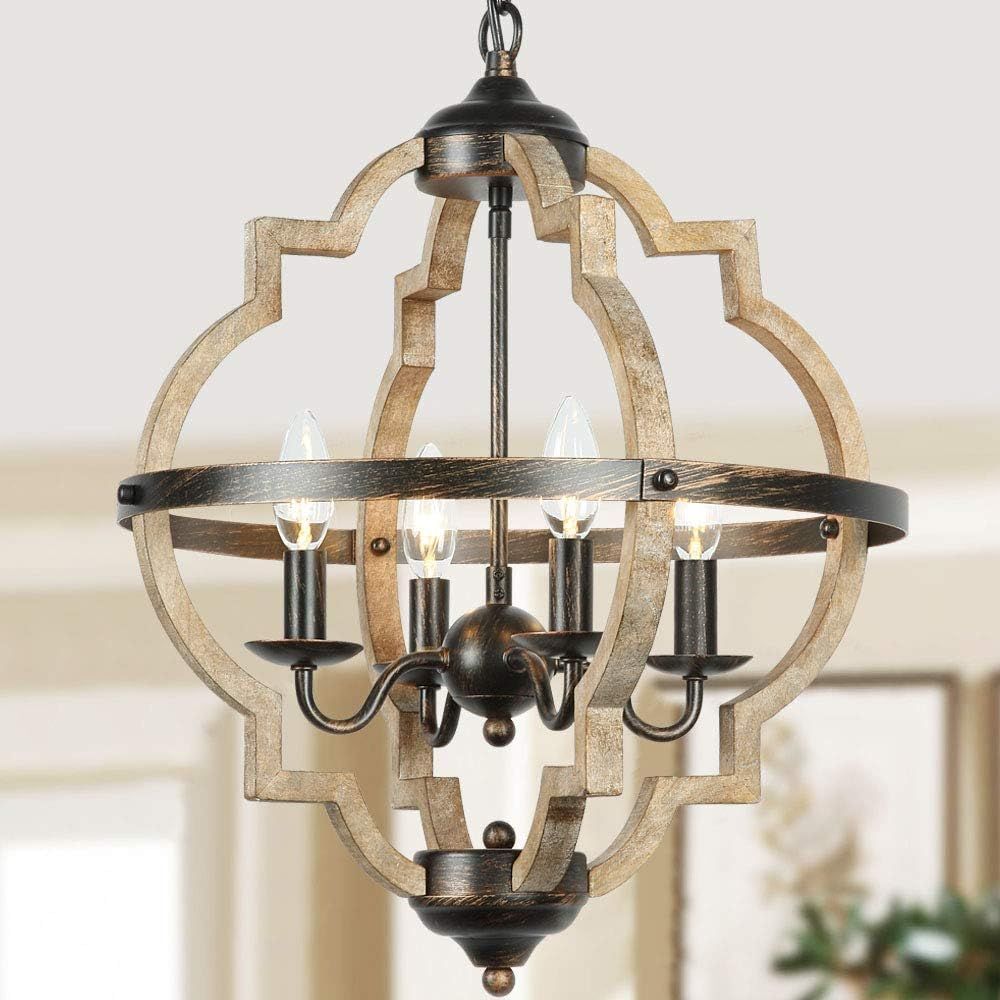 T&A Orb 4-Light Farmhouse Chandelier, Stardust Finish Rustic Brown Chandelier,Wood and Iron Compo... | Amazon (US)