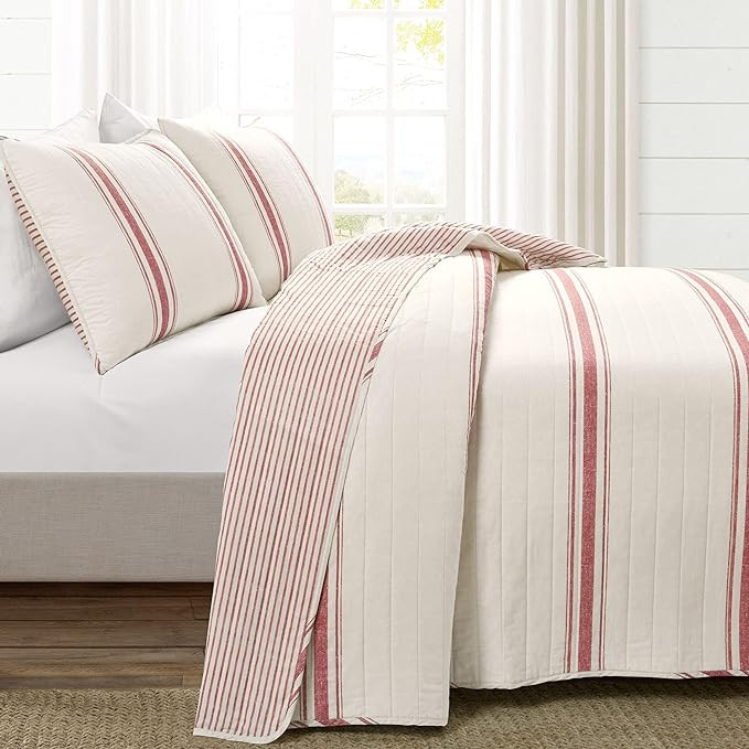 Lush Decor Farmhouse Stripe Reversible Cotton 3 Piece Quilt Set, King, Red | Amazon (US)
