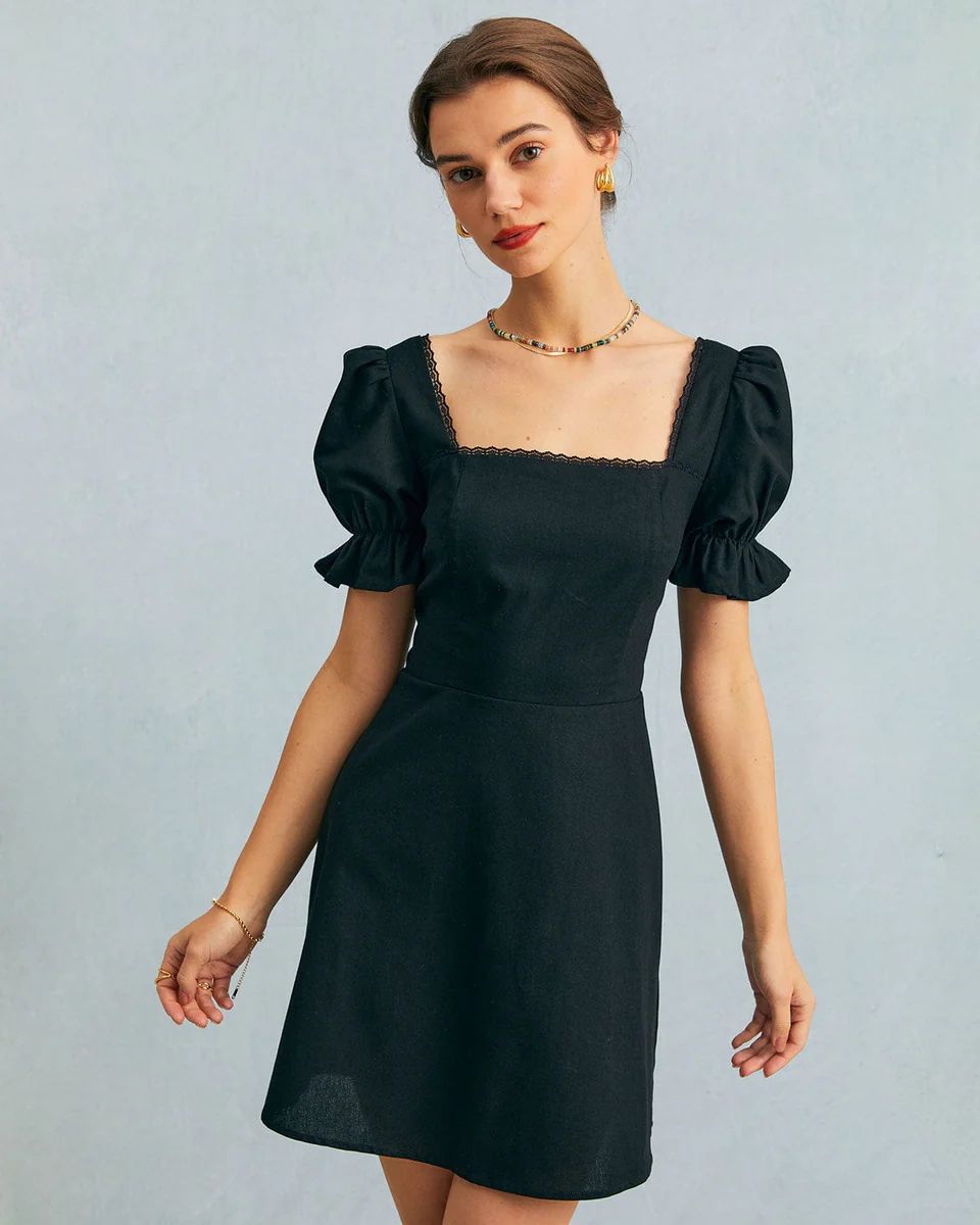 The Black Square Neck Lace Puff Sleeve Mini Dress | rihoas.com