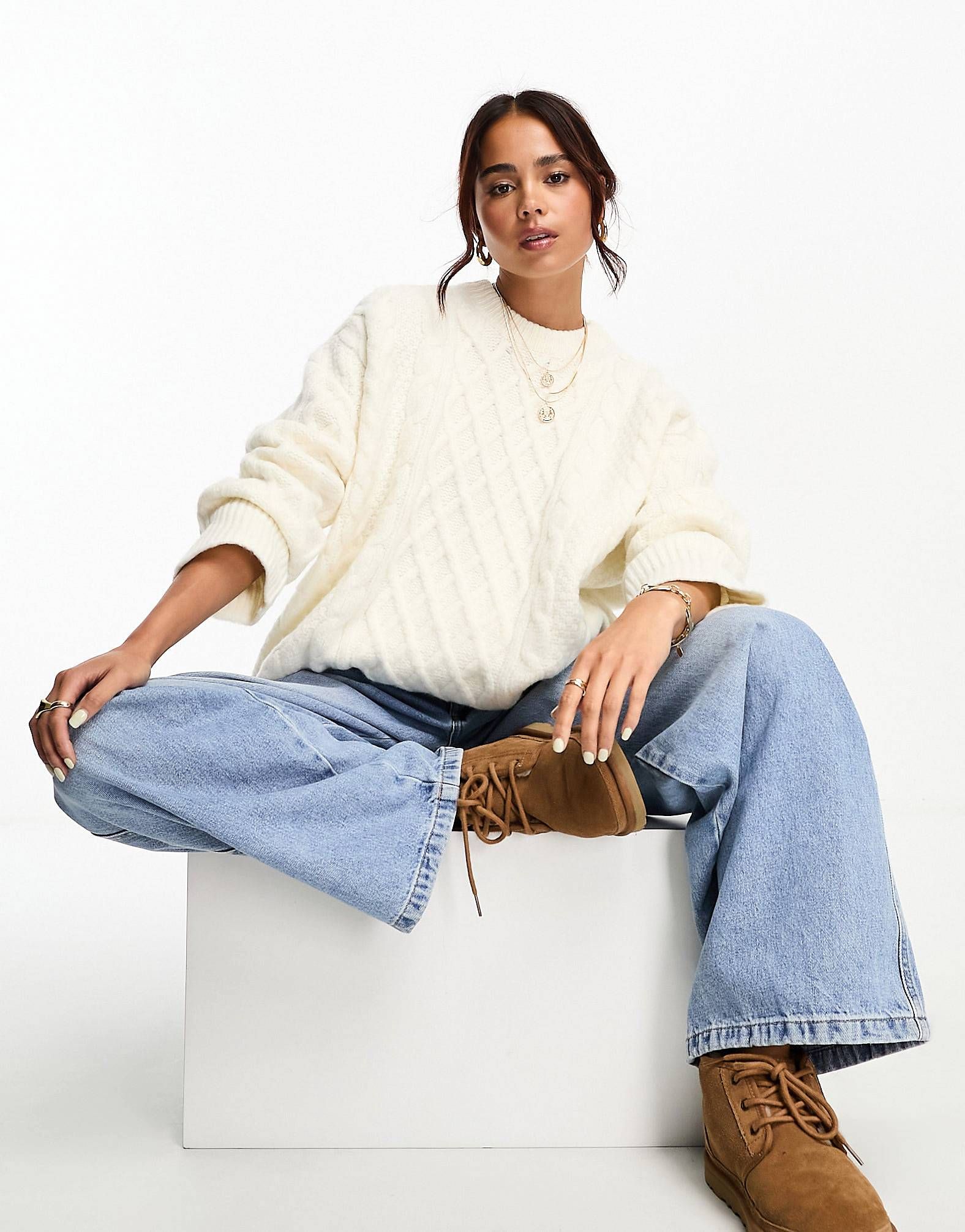 ASOS DESIGN oversized cable sweater in cream | ASOS (Global)