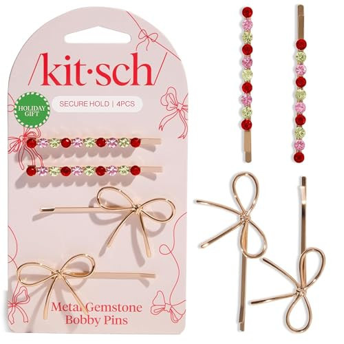 Kitsch Metal Bow & Gemstone Bobby Pins for Women - Stylish Hair Pins for All Hair Types, No-Slip Grip for Secure Hold | Decorative Hair Accessories | Ideal Gifts for Women & Cute Stocking Stuffers | Amazon (US)