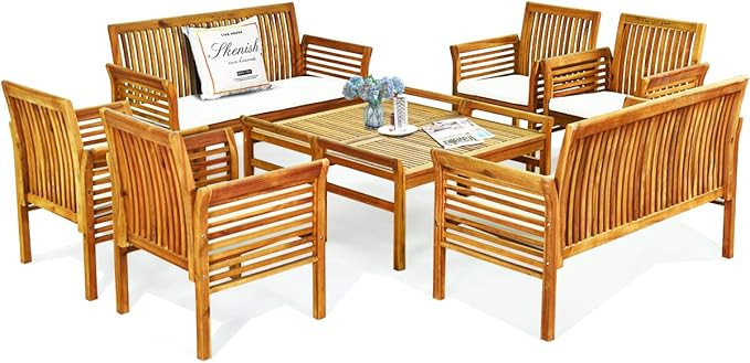 Tangkula 8 Piece Outdoor Acacia Wood Sofa Set w/Water Resistant Cushions, Padded Patio Conversati... | Amazon (US)