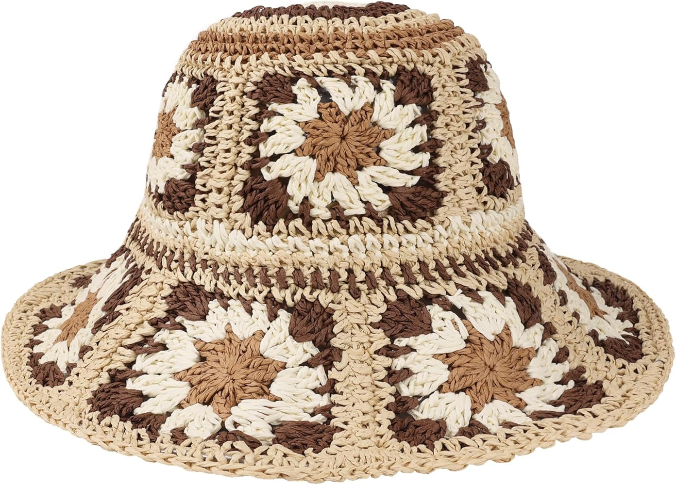 Multicolor Floral Crochet Straw Sun Hat Foldable Packable Wide Brim Bucket Hat Summer Beach Hat f... | Amazon (US)