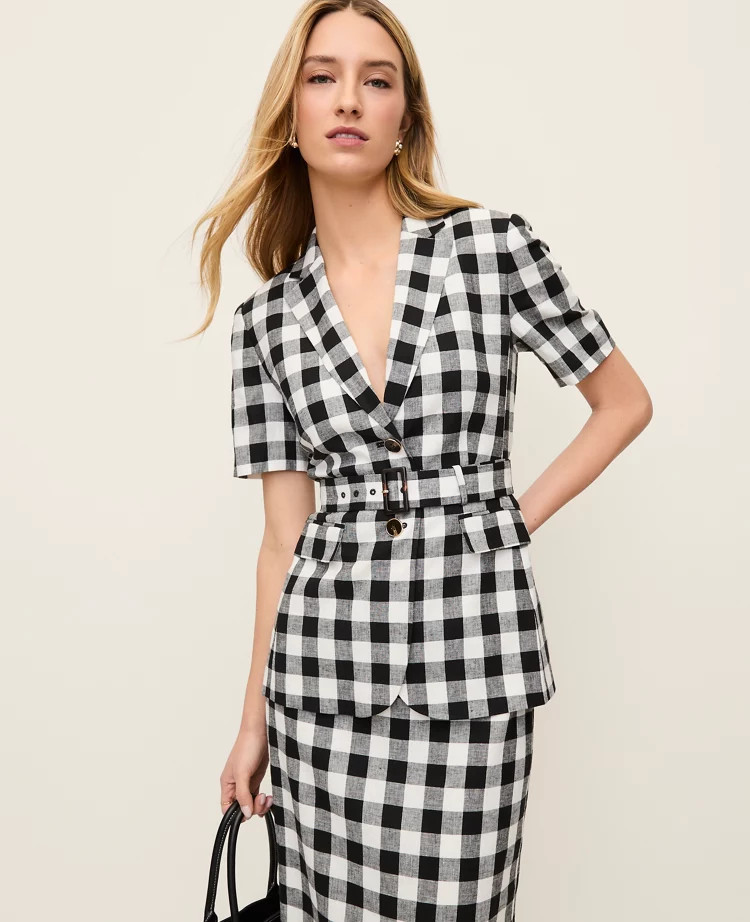 The Petite Belted Greenwich Blazer in Gingham Linen Blend | Ann Taylor