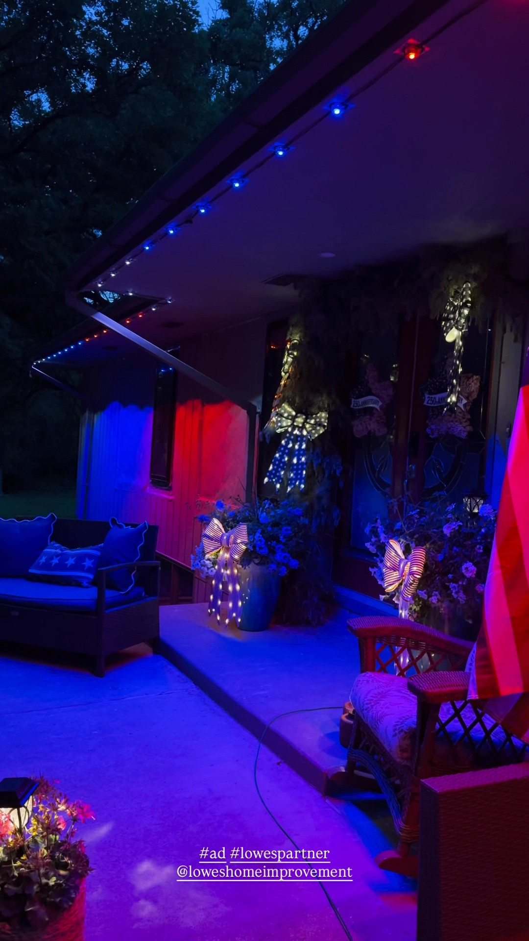 #ad When we partnered with Lowe’s last winter and installed our permanent outdoor lights, I thought they'd be for Christmas. Turns out, we've used them way more than I expected.

Right now they're set to red, white, and blue for the Fourth of July but in a few weeks they’ll be pink and blue for our gender reveal! We've used them for everything from holidays to everyday curb appeal.

The only thing I'd do differently? Install them in the summer. Because hanging lights is a lot more enjoyable when you're not battling cold weather, ice, or snow.
#LowesPartner @Loweshomeimprovement

#LTKstorytime #LTKSeasonal #LTKHome