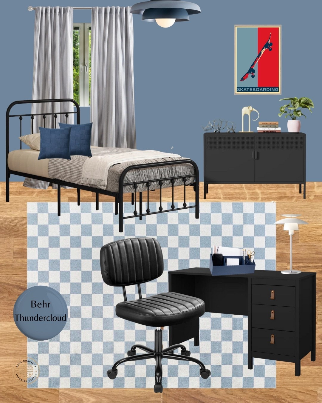 Teen bedroom ideas! Teen bedroom mood board. Blue boy’s room. Black locker, metal bed, black desk and faux leather chair, checkered rug. Skateboard poster art. #homedecor #teen

#LTKmomlife #LTKHome #LTKKids