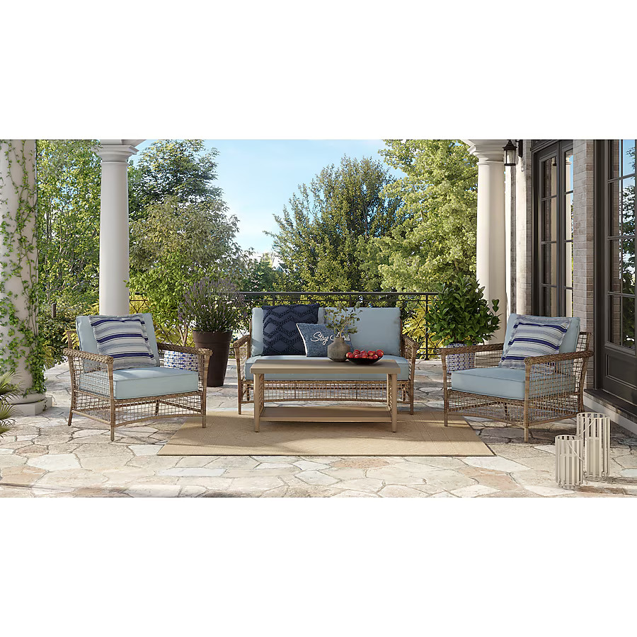 allen + roth Ivy Meadows 4 -Piece Wicker Patio Conversation Set with Light Blue Cushions | Lowe's