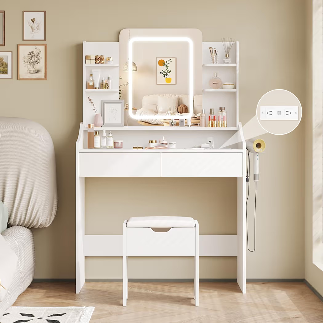 Vabches Vanity Desk with LED Mirror, Makeup Vanity with Power Outlet, 3 Lighting Modes Dressing T... | Amazon (US)