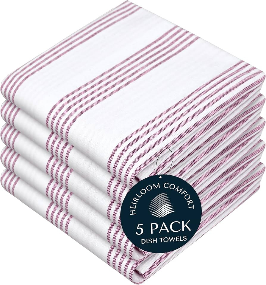 Burgundy Striped Kitchen Dish Towels (5-Pack), Quick Dry, Ultra Absorbent & Durable, 100% Cotton ... | Amazon (US)