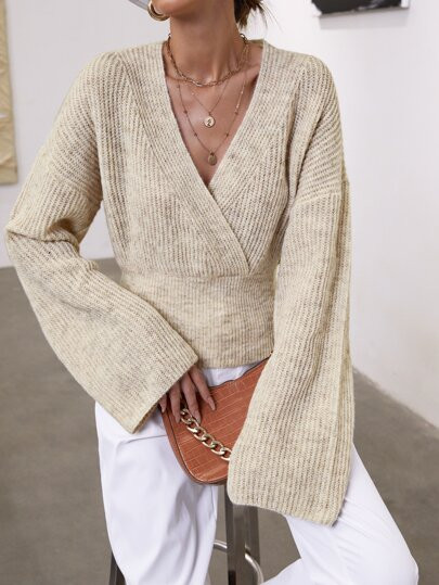 EMERY ROSE Marled Knit Surplice Neck Drop Shoulder Jumper | SHEIN