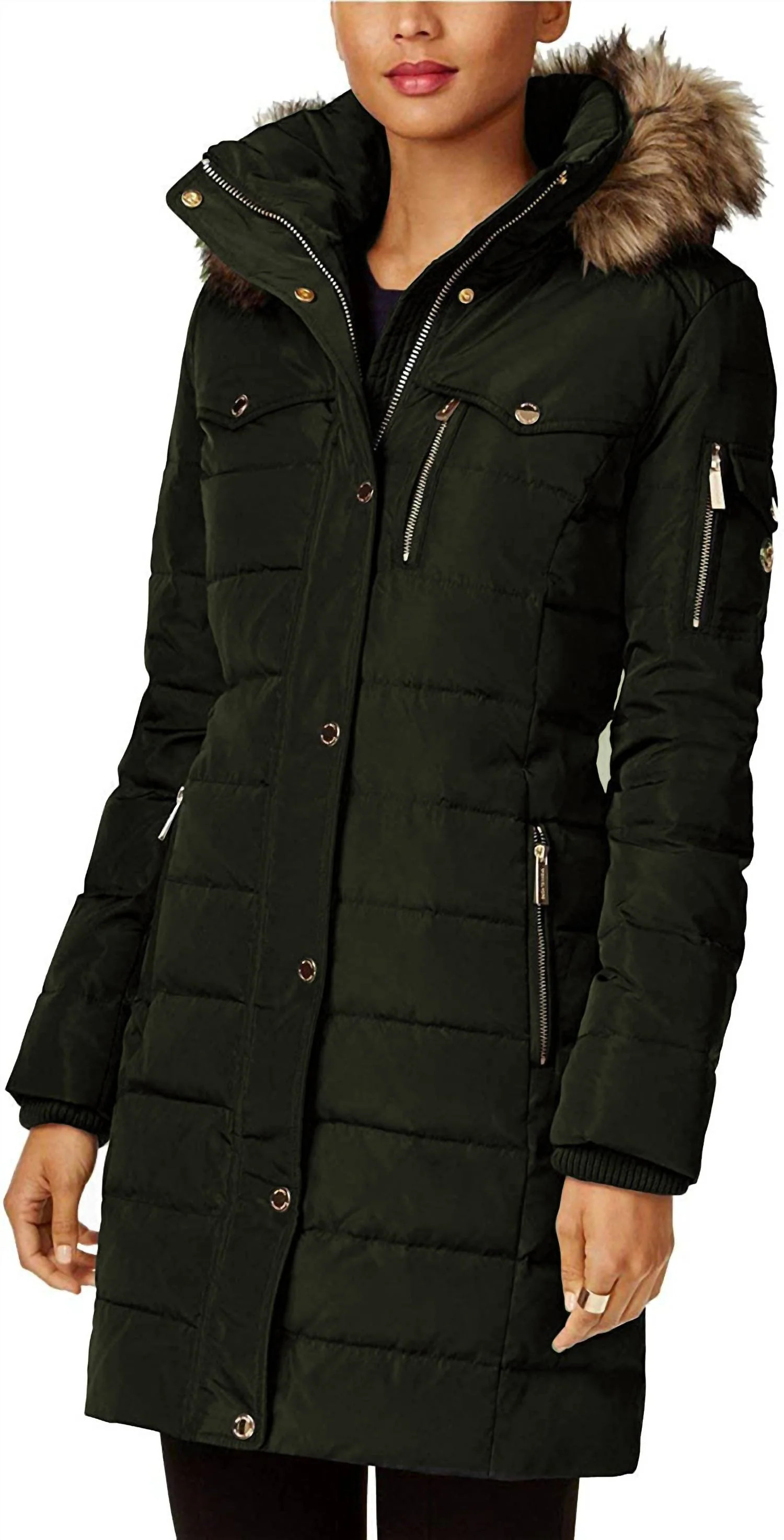 Down Fill Faux Fur Hood 3/4 Puffer Coat In Dark Moss | Shop Simon