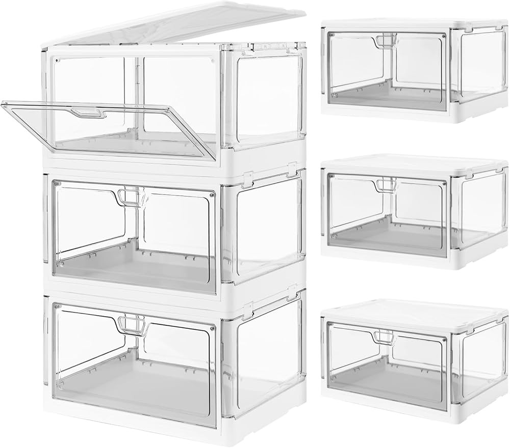 3-Pack Clear Stackable Storage Bins with Lids Magnetic Doors Open Front Foldable Folding Plastic ... | Amazon (US)