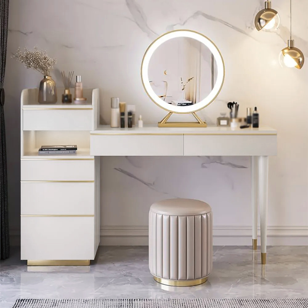 Off-white Makeup Vanity Set Dressing Table with Lighted Mirror Cabinet & Stool Included | Homary.com