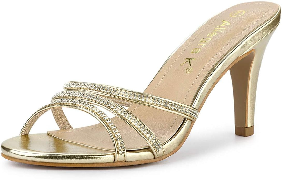 Allegra K Women's Open Toe Rhinestone Strappy Stiletto Heels Sandals Slip On Slip On Mules | Amazon (US)