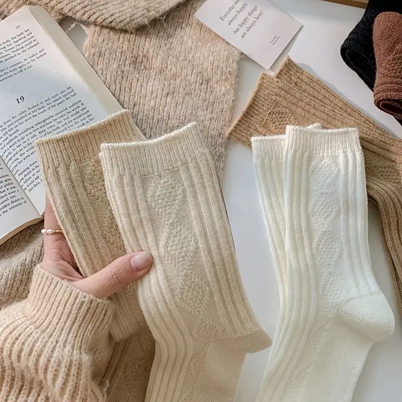 6 Pairs Thick & Warm Cream Color Socks, Retro Art Pattern Mid Tube Socks For Winter, Women's Stoc... | Temu Affiliate Program